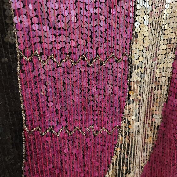 JLB Paris 100% Silk Sequin Short‑Sleeve Top L Pink Silver Gold Wave Party Blouse - Picture 12 of 14